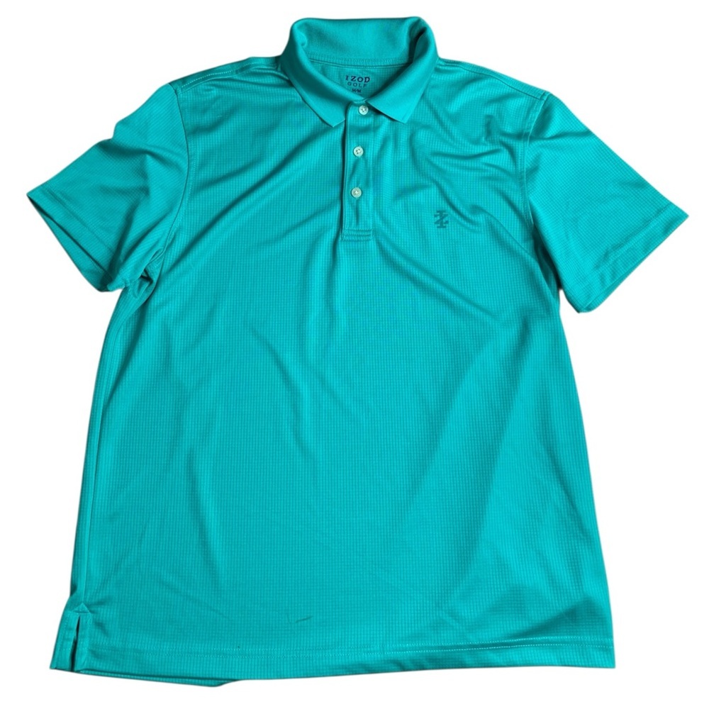 IZOD Golf Men’s Polo Shirt Medium Greenish Teal Grid Performance Short Sleeve